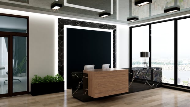 3D Rendering Modern Wooden Reception Room or Front Desk Mockup photo