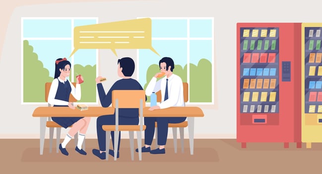 Students in uniforms on break flat color vector illustration