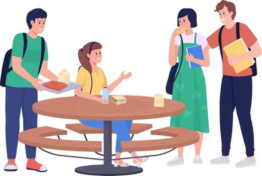Students on outdoor lunch semi flat color vector characters