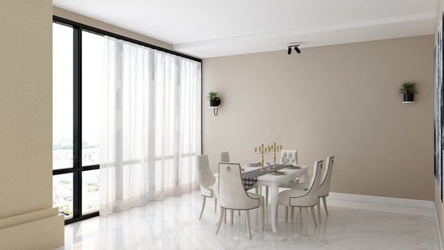 Modern interior design of minimalist dining room in 3d rendering mockup photo