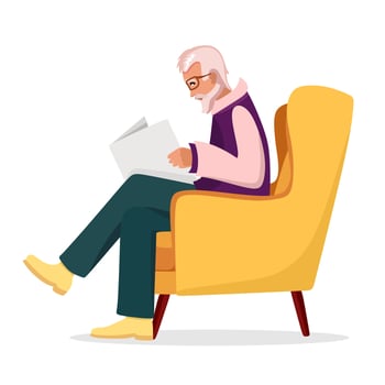 The older man grandfather knits sitting in a chair. Elderly people are cartoon characters. Old age. Vector illustration of a flat style, isolated on a white background