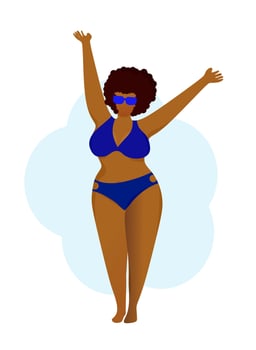 A happy plump girl with dark skin in a blue swimsuit. Body positive. Love your body. Girls on the beach. Acceptance of your body. vector