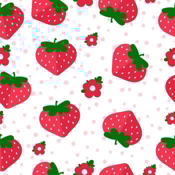 Strawberry pattern on a white background in a cartoon style with flowers and peas. For packaging, children's textiles and office supplies. Vector illustration