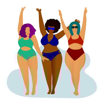 Happy chubby girls in swimsuits. Body positive. Love your body. Girls on the beach. Acceptance of your body. vector