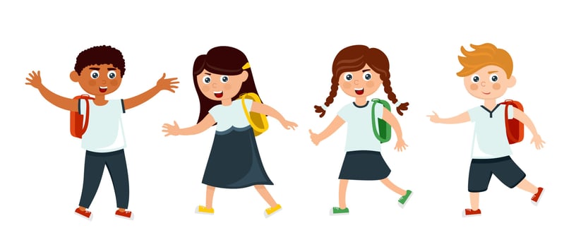 A group of schoolchildren and schoolgirls with backpacks going to school in a cartoon style. vector