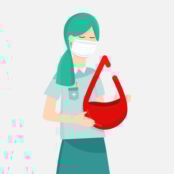 A young girl medical staff holds a drop of blood in the medical center. World Blood Donor Day. Vector illustration.
