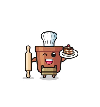 plant pot as pastry chef mascot hold rolling pin vector
