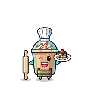 milkshake as pastry chef mascot hold rolling pin vector