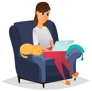 Woman at home sitting in comfortable armchair and working on her laptop vector