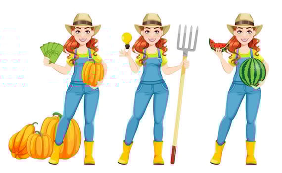 Beautiful woman farmer, set of three poses vector