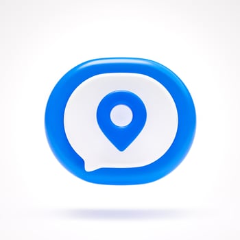 Pin navigation map location icon sign symbol button on blue speech bubble on white background 3D rendering photo