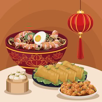 four chinese food dishes scene vector