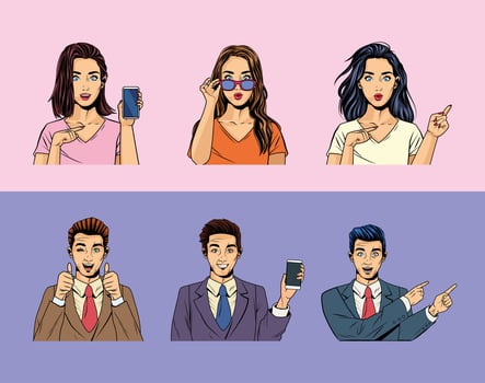 six pop art characters vector