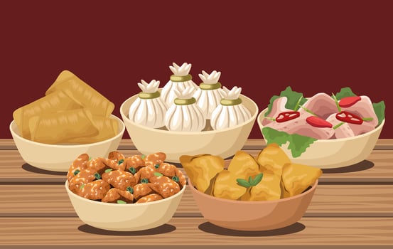 five chinese food in table vector