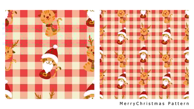 Seamless background merry Christmas greeting card, Scottish pattern seamless backdrop. Santa cat and deer cat, Christmas seamless pattern. Christmas wrapping paper pattern vector