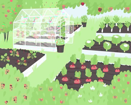 Vegetables and berries grow on a small farm in beds and a greenhouse vector