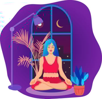 Girl performing yoga at home. Young woman doing meditation practice. Vivid vector illustration in flat style.