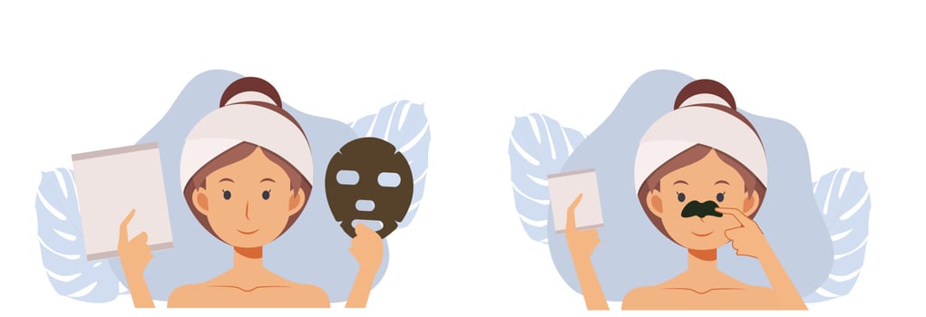 Skin care concept. Woman With Facial, Nose Mask Sheet, Treatment, Beauty, Makeup. Flat vector 2d cartoob character illustration.