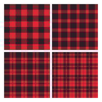 Red and black lumberjack gingham plaid seamless pattern set. Buffalo flannel motif. vector