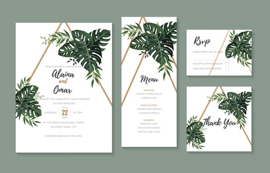 Greenery Wedding Invitation Template Monstera Leaves vector