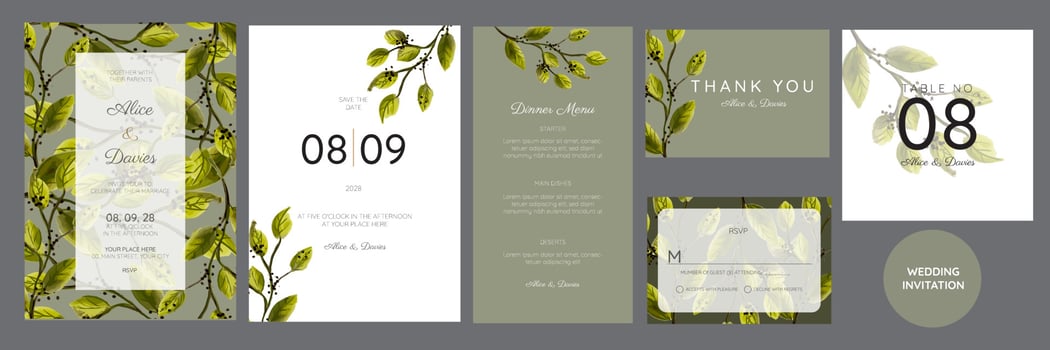 Elegant watercolor wedding invitation card with greenery leaves vector