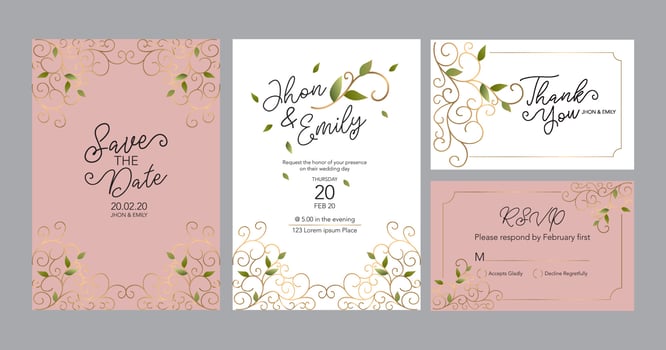 Wedding invitation cards, save the date, thank you, rsvp template. Vector. White and gold line. vector