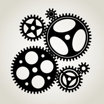 Includes a set of mechanical gears, 6 black silhouettes, both small and large. Vector illustration.