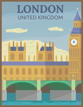 Illustration vector design of retro and vintage travel poster of big ben in London, United Kingdom