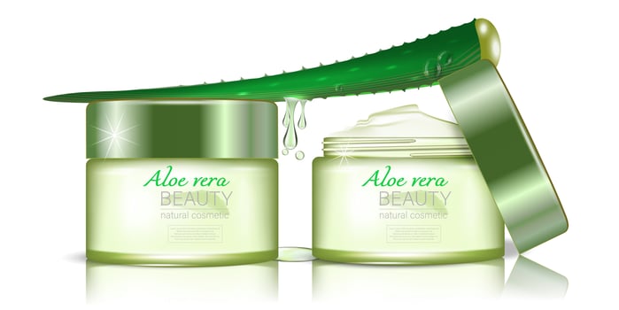 Aloe vera plant with jars of cosmetic cream with an open and closed lid. Packaging layout. Poster template with advertising of cosmetic products for beauty. Realistic 3d vector illustration
