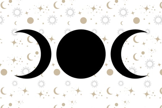 Triple Moon Religious wiccan sign. Wicca logo Neopaganism symbol, Triple Goddess icon tattoo, Goddess of the Moon, the Earth, and childbirth. Crescent, half, and full moon, vector celestial background