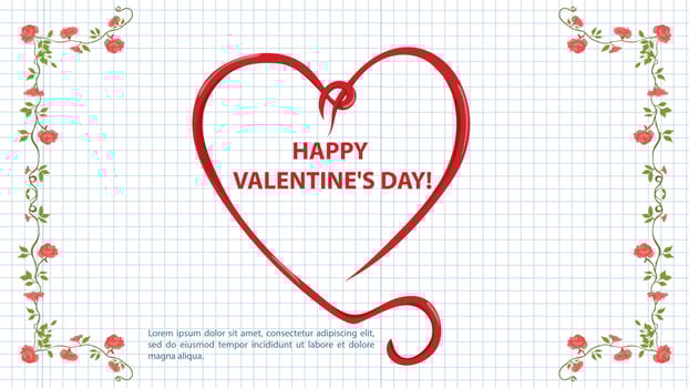 Illustration in a flat style for the Valentines Day holiday a frame of flowers in the middle a heart with curls background a notebook sheet in a cage vector