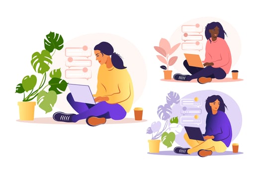 Woman sitting with laptop. Concept illustration for working, studying, education, work from home, healthy lifestyle. Can use for backgrounds, infographics, hero images. Flat. Vector illustration.