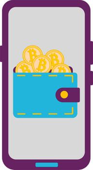 Wallet with bitcoin gold coins, on the phone screen. vector