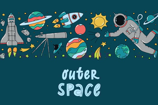Space banner decorated with doodles and quote. Good for posters, greeting cards, banners, invitations, templates, prints, etc. EPS 10 vector
