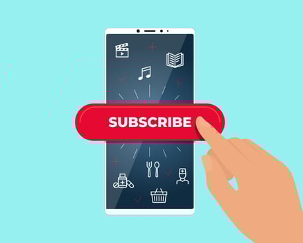 Online subscription services on smartphone screen. Finger press subscribe button to access entertainment media, education, treatment and food supply content. Mobile app promo banner eps illustration vector