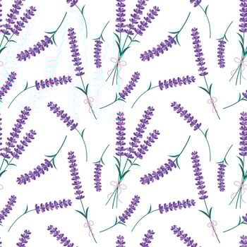 Lavender flowers seamless pattern. Vector endless white background with purple Lavender blossom. Spring design with floral elements