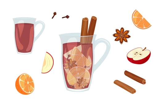 Mulled wine ingredients set. Isolated food cinnamon, anise, orange, cloves, red wine and apple. Glass mug with hot winter beverage. Vector illustration on white background