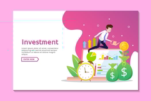 Landing page business template with man and growing money coin vector