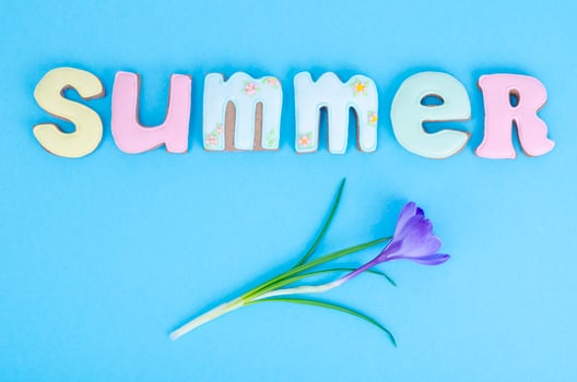 Homemade cookies with summer theme on blue background. photo