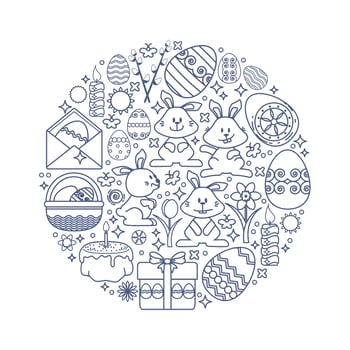 Easter Elements Arranged in Circle. Bunny, Gift, Egg, Candle, Flower. vector