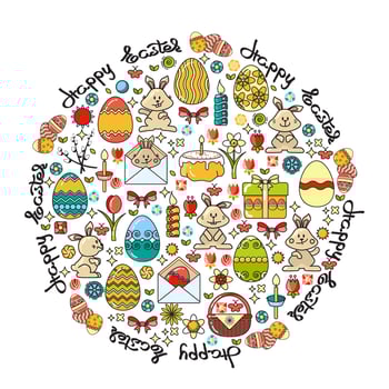 Easter Elements Arranged in Circle and Handwritten Word Happy Easter. vector