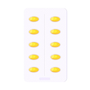 Omega-3 pill blister with yellow capsules flat style design vector illustration isolated on white background.