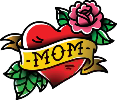 A tattoo with the inscription of Mom. A heart and flower tattoo with a flower. Tattoo in the style of the American old school. Vector flat tattoo. The illustration is isolated on a white background.