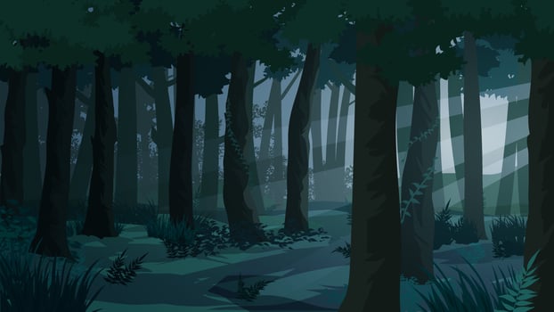 Dark forest with sunbeam through the trees vector