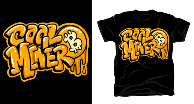 Cool miner bitcoin graffiti lettering art style t-shirt design vector