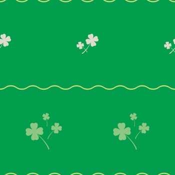 Seamless pattern with white shamrock, clover and wave line on green background.  Saint Patrick's Day pattern. Vector illustration.