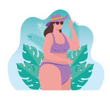 cute plump woman in swimsuit using sunglasses, with tropical leaves scene vector