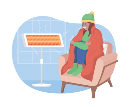 Sitting at heater at home 2D vector isolated illustration