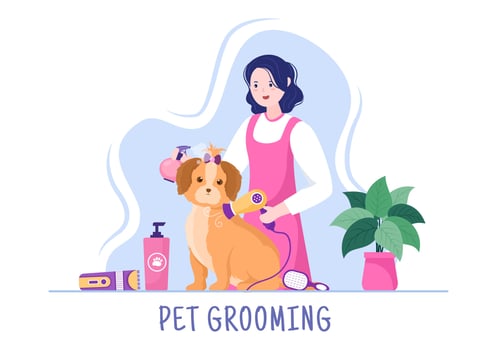 Pet Grooming for Dogs and Cats in Flat Cartoon Hand drawn Background Illustration. The Main Tools Which are used in Beauty Salon for Poster or Banner vector