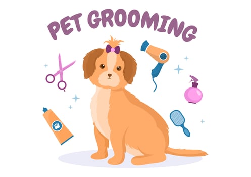 Pet Grooming for Dogs and Cats in Flat Cartoon Hand drawn Background Illustration. The Main Tools Which are used in Beauty Salon for Poster or Banner vector